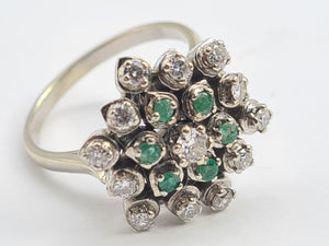 5530: Vintage Large:18ct White Gold Diamonds  Emeralds Cluster Ring- exquisite eye candy-