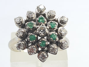 5530: Vintage Large:18ct White Gold Diamonds  Emeralds Cluster Ring- exquisite eye candy-