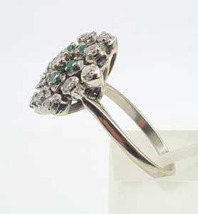 5530: Vintage Large:18ct White Gold Diamonds  Emeralds Cluster Ring- exquisite eye candy-