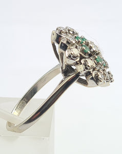 5530: Vintage Large:18ct White Gold Diamonds  Emeralds Cluster Ring- exquisite eye candy-