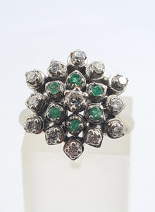 5530: Vintage Large:18ct White Gold Diamonds  Emeralds Cluster Ring- exquisite eye candy-