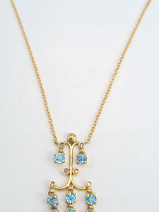 5551: Vintage: 9ct Gold Blue Topaz Diamonds Chandelier Necklace- elegance personified