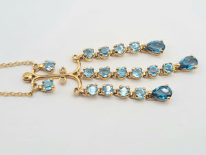 5551: Vintage: 9ct Gold Blue Topaz Diamonds Chandelier Necklace- elegance personified