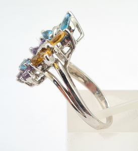 6016:Vintage: 18ct White Gold Topaz, Citrines, Amethysts Multi Gem "Butterflies" Ring- lovely colour combination,