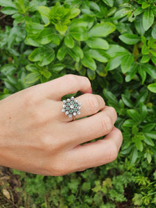 5530: Vintage Large:18ct White Gold Diamonds  Emeralds Cluster Ring- exquisite eye candy-