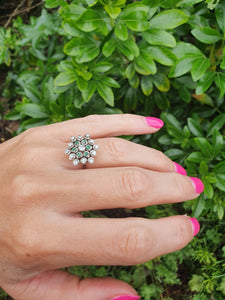 5530: Vintage Large:18ct White Gold Diamonds  Emeralds Cluster Ring- exquisite eye candy-