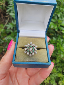 5530: Vintage Large:18ct White Gold Diamonds  Emeralds Cluster Ring- exquisite eye candy-