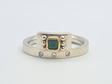 Load image into Gallery viewer, 0101: Vintage: 18ct Mixed Gold Art Deco Style Emerald Diamonds Geometric Set Ring- crisp, clean design
