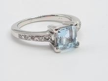 Load image into Gallery viewer, 5706: Vintage; 18ct White Gold Princess Cut Aquamarine 10 Diamonds Dress Ring- -  Elegant eye candy
