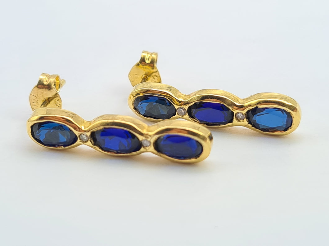 5752: Vintage: 18ct Gold Blue Sapphires Diamonds Drop Dangle Earrings- gorgeous stones, classic style,