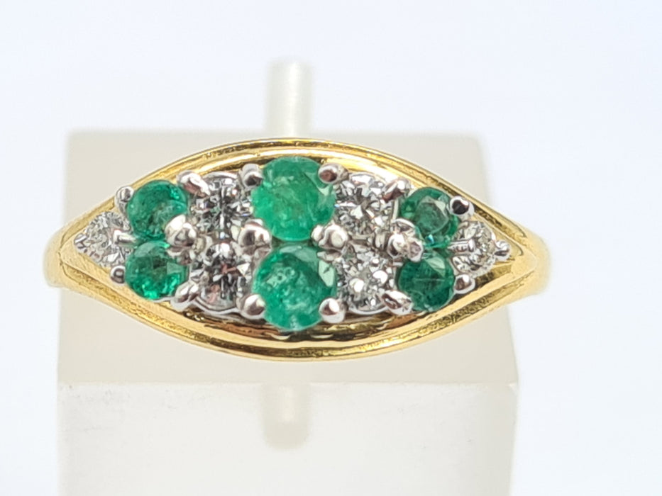 6020 Vintage; 18ct Gold Emeralds Diamonds  Boat  Ring