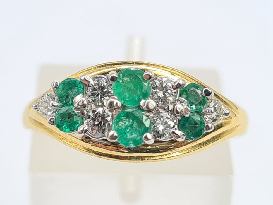 6020 Vintage; 18ct Gold Emeralds Diamonds  Boat  Ring