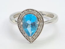 Load image into Gallery viewer, 5782:Vintage: 9ct White Gold Pear Cut Vivid Blue Topaz 20 Diamonds Cocktail Ring- gorgeous- nice weight
