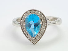 Load image into Gallery viewer, 5782:Vintage: 9ct White Gold Pear Cut Vivid Blue Topaz 20 Diamonds Cocktail Ring- gorgeous- nice weight
