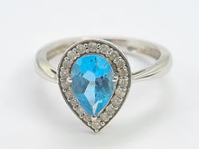 Load image into Gallery viewer, 5782:Vintage: 9ct White Gold Pear Cut Vivid Blue Topaz 20 Diamonds Cocktail Ring- gorgeous- nice weight
