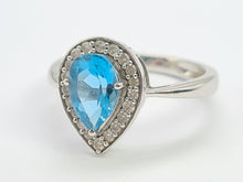 Load image into Gallery viewer, 5782:Vintage: 9ct White Gold Pear Cut Vivid Blue Topaz 20 Diamonds Cocktail Ring- gorgeous- nice weight
