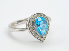 Load image into Gallery viewer, 5782:Vintage: 9ct White Gold Pear Cut Vivid Blue Topaz 20 Diamonds Cocktail Ring- gorgeous- nice weight
