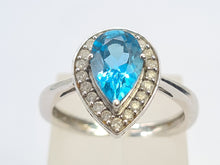 Load image into Gallery viewer, 5782:Vintage: 9ct White Gold Pear Cut Vivid Blue Topaz 20 Diamonds Cocktail Ring- gorgeous- nice weight
