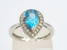 Load image into Gallery viewer, 5782:Vintage: 9ct White Gold Pear Cut Vivid Blue Topaz 20 Diamonds Cocktail Ring- gorgeous- nice weight
