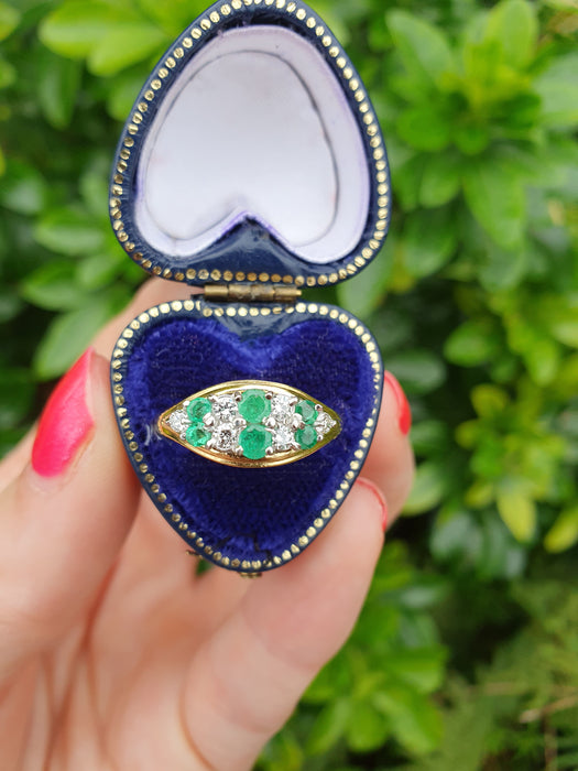 6020 Vintage; 18ct Gold Emeralds Diamonds  Boat  Ring