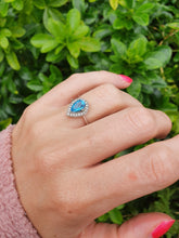 Load image into Gallery viewer, 5782:Vintage: 9ct White Gold Pear Cut Vivid Blue Topaz 20 Diamonds Cocktail Ring- gorgeous- nice weight
