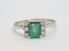 Load image into Gallery viewer, 5770: Vintage: 18ct White Gold Emerald Cut Emerald 6 Brilliant Cut Diamonds Dress Ring-
