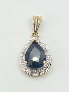 5854:  Vintage: 9c Gold Pear Shaped Blue Sapphire Diamonds Pendant- fabulous