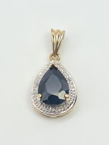 5854:  Vintage: 9c Gold Pear Shaped Blue Sapphire Diamonds Pendant- fabulous