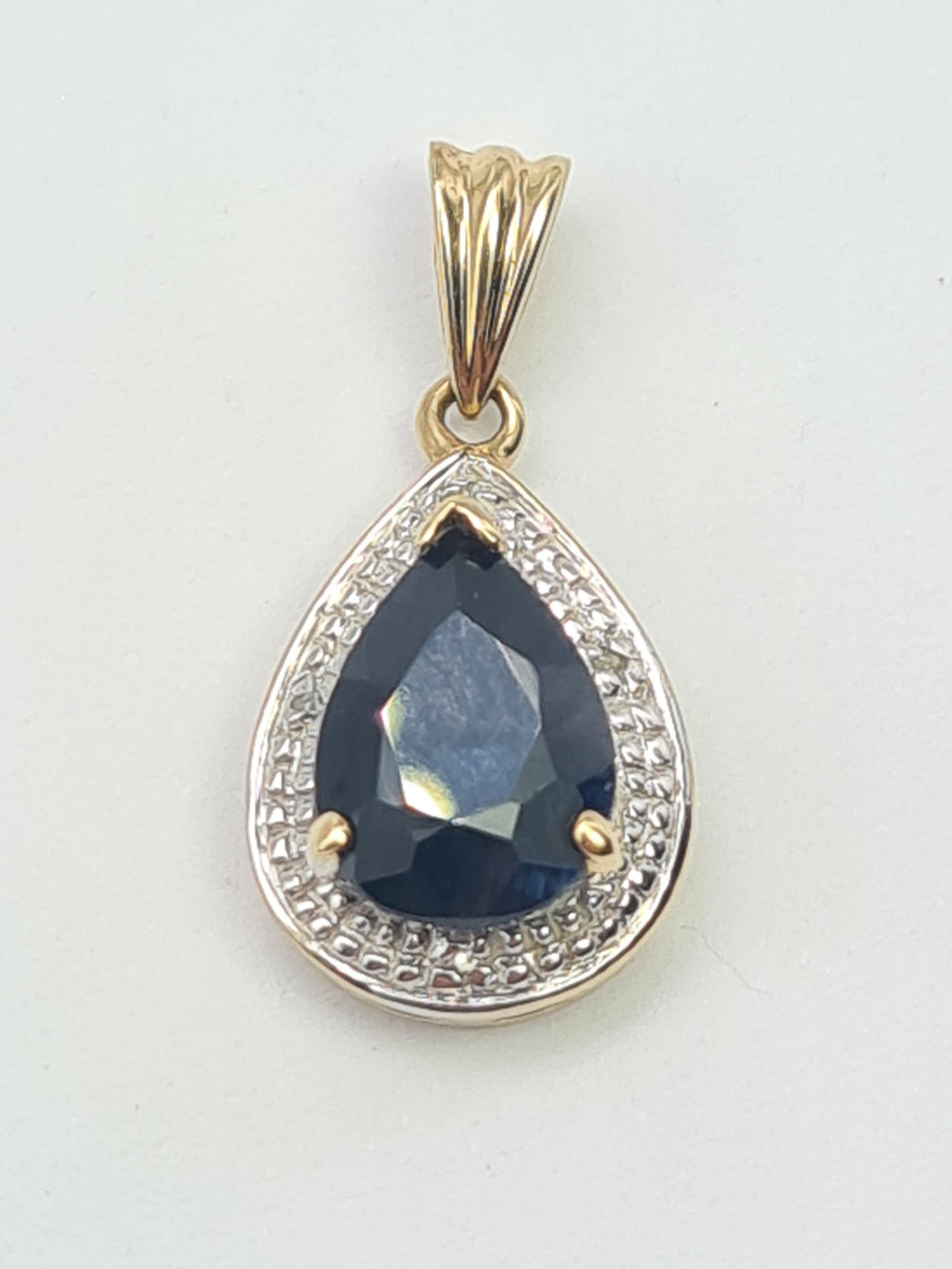 5854:  Vintage: 9c Gold Pear Shaped Blue Sapphire Diamonds Pendant- fabulous