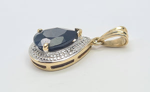 5854:  Vintage: 9c Gold Pear Shaped Blue Sapphire Diamonds Pendant- fabulous