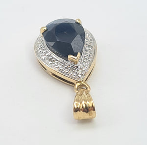 5854:  Vintage: 9c Gold Pear Shaped Blue Sapphire Diamonds Pendant- fabulous