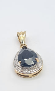 5854:  Vintage: 9c Gold Pear Shaped Blue Sapphire Diamonds Pendant- fabulous