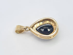 5854:  Vintage: 9c Gold Pear Shaped Blue Sapphire Diamonds Pendant- fabulous