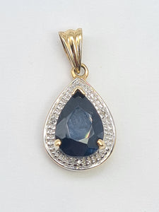 5854:  Vintage: 9c Gold Pear Shaped Blue Sapphire Diamonds Pendant- fabulous