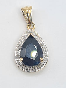 5854:  Vintage: 9c Gold Pear Shaped Blue Sapphire Diamonds Pendant- fabulous