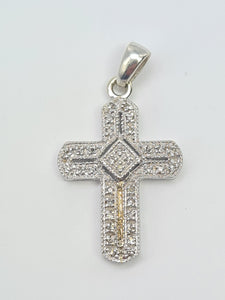 5857:   Vintage: 9ct White Gold Pave Multi- Diamonds Cross Pendant- crisp & sparkling