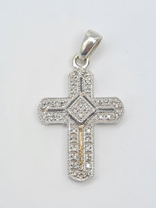 5857:   Vintage: 9ct White Gold Pave Multi- Diamonds Cross Pendant- crisp & sparkling