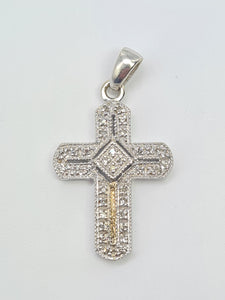 5857:   Vintage: 9ct White Gold Pave Multi- Diamonds Cross Pendant- crisp & sparkling