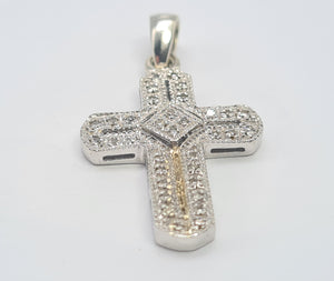 5857:   Vintage: 9ct White Gold Pave Multi- Diamonds Cross Pendant- crisp & sparkling