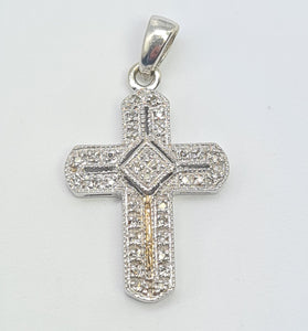 5857:   Vintage: 9ct White Gold Pave Multi- Diamonds Cross Pendant- crisp & sparkling