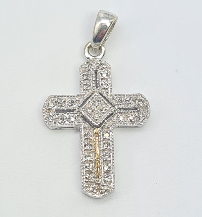 5857:   Vintage: 9ct White Gold Pave Multi- Diamonds Cross Pendant- crisp & sparkling