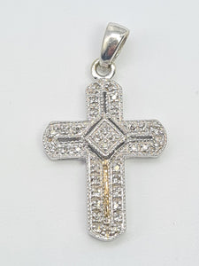 5857:   Vintage: 9ct White Gold Pave Multi- Diamonds Cross Pendant- crisp & sparkling