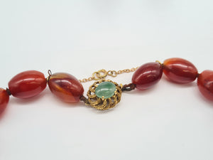 5875: Vintage; 14ct Gold Jade Cabochon Red Carnelian Necklace- statement piece, lovely combination