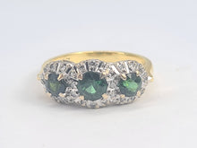 Load image into Gallery viewer, 5925: Vintage &amp; Old 18ct Gold Green Tourmalines Trilogy 18 Diamonds Dress Ring- lovely, classic combination- nice weight
