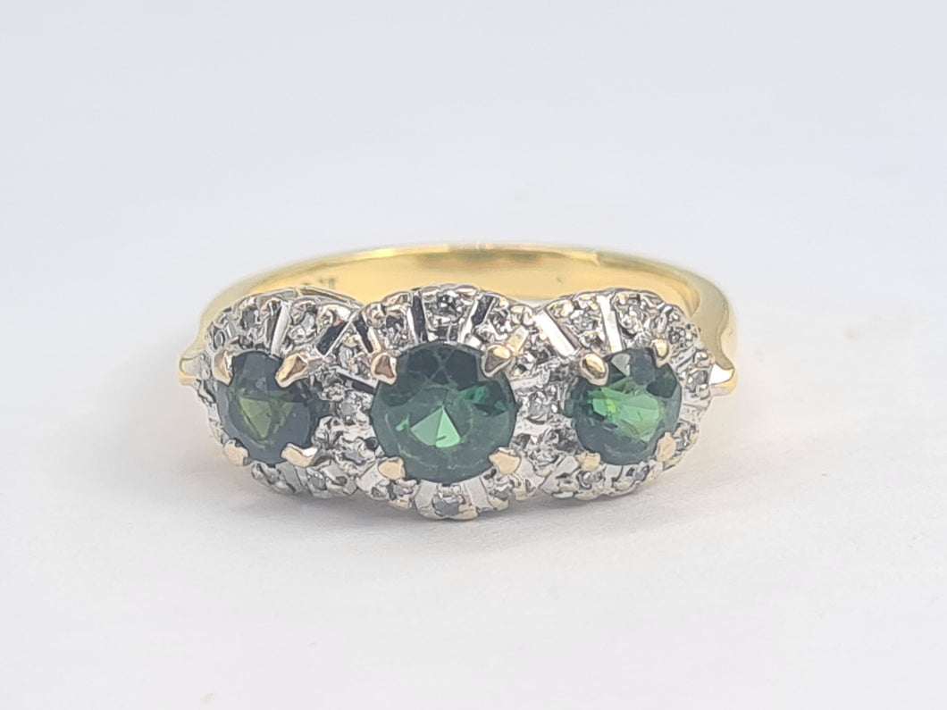 5925: Vintage & Old 18ct Gold Green Tourmalines Trilogy 18 Diamonds Dress Ring- lovely, classic combination- nice weight