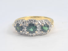 Load image into Gallery viewer, 5925: Vintage &amp; Old 18ct Gold Green Tourmalines Trilogy 18 Diamonds Dress Ring- lovely, classic combination- nice weight
