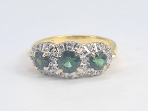 5925: Vintage & Old 18ct Gold Green Tourmalines Trilogy 18 Diamonds Dress Ring- lovely, classic combination- nice weight