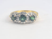 Load image into Gallery viewer, 5925: Vintage &amp; Old 18ct Gold Green Tourmalines Trilogy 18 Diamonds Dress Ring- lovely, classic combination- nice weight
