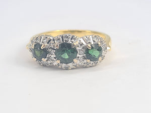 5925: Vintage & Old 18ct Gold Green Tourmalines Trilogy 18 Diamonds Dress Ring- lovely, classic combination- nice weight