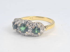 5925: Vintage & Old 18ct Gold Green Tourmalines Trilogy 18 Diamonds Dress Ring- lovely, classic combination- nice weight